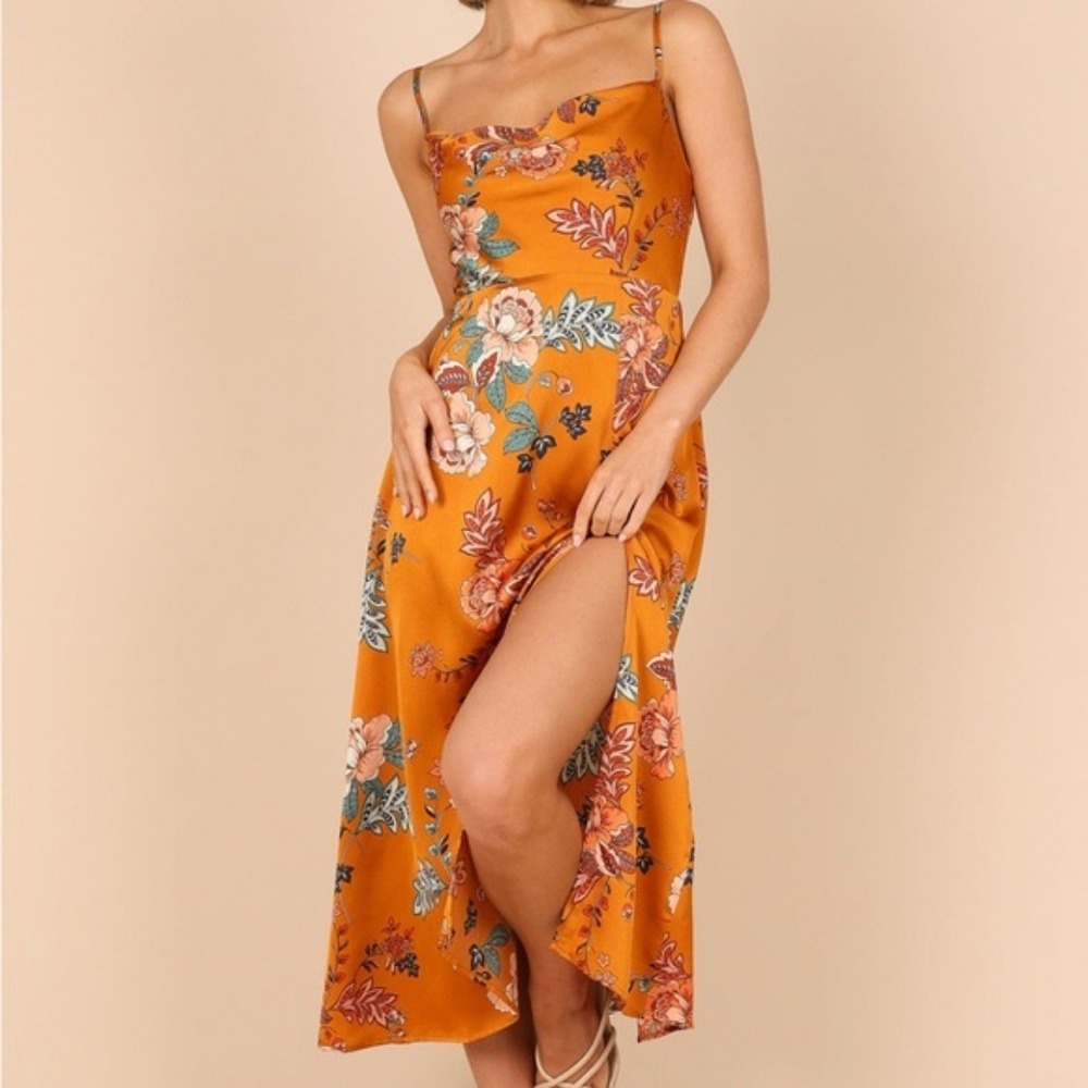 Petal and Pup Womens Floral Cowl Neck Midi Dress Size US 8 Rust Orange Satin